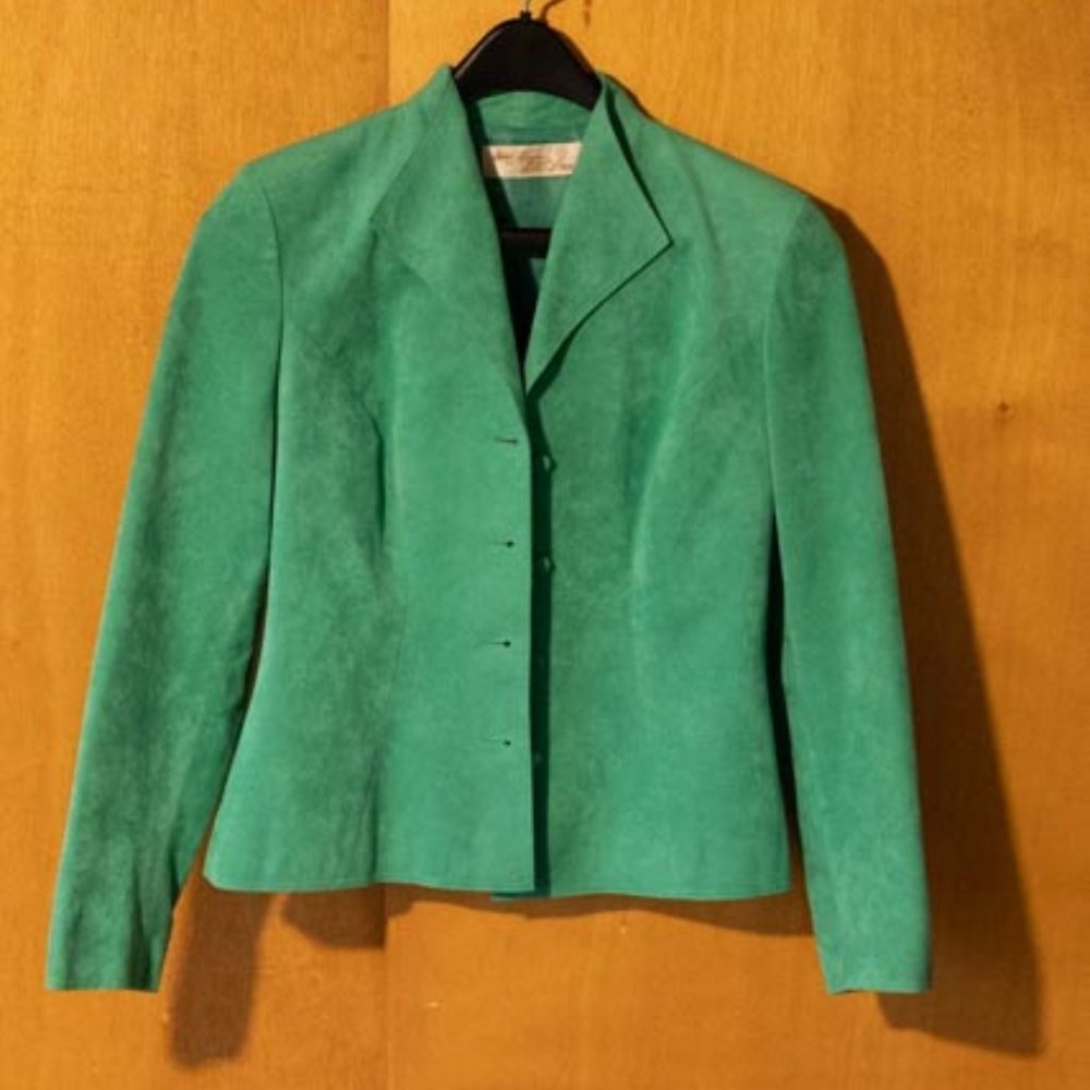 Adolph Schuman for Lilly Ann Turquois Ultrasuede Skirt Suit Set womens M (6)